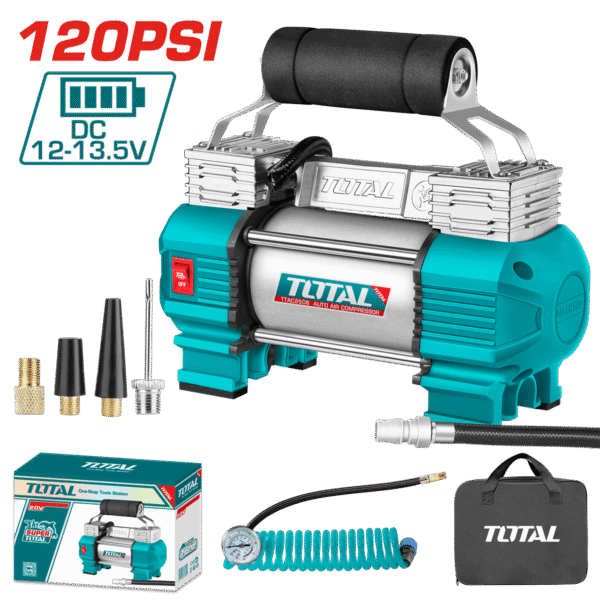MINICOMPRESORA 12V 18A 120PSI CON LUZ + ACCESORIOS INDUSTRIAL