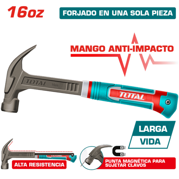 MARTILLO DE UÑA MANGO FIBRA DE VIDRIO 16OZ/450G ACERO CARBON MAGNETICO INDUSTRIAL
