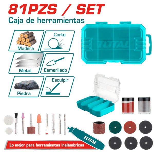 ACCESORIOS P/MINI-RECTIFICADOR 81PZS 1/8” (3.125MM) PIEDRAS/LIJAS/PULIR INC. ESTUCHE