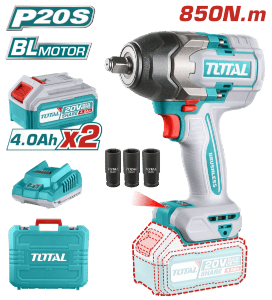 LLAVE IMPACTO BRUSHLESS 20V 850NM 1/2” 2200BPM BRUSHLESS 2X4.0AH MALETIN INDUSTRIAL