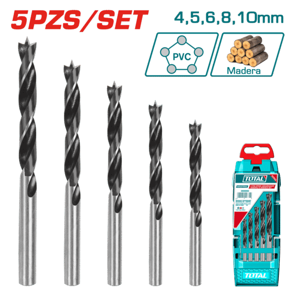 SET DE BROCAS P/MADERA 5PZS DIA 4-10MM + ESTUCHE