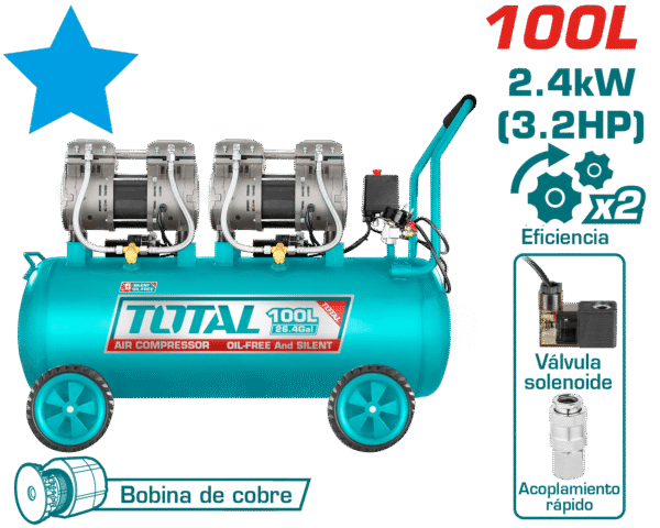 COMPRESORA OIL-FREE 100L 3.25HP (2x1200W) 75DB 8BAR 3400RPM INDUSTRIAL