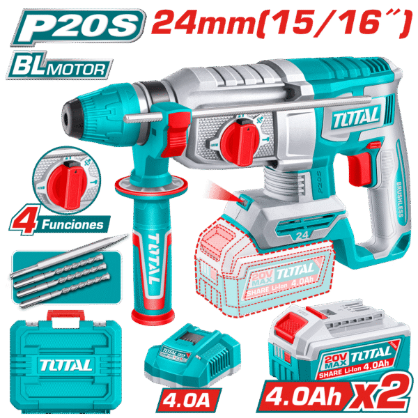 ROTOMARTILLO SDS+ 24MM 20V 2.4J 0-4900BPM BRUSHLESS 2X4.0AH 4FUNC +ACC INDUSTRIAL